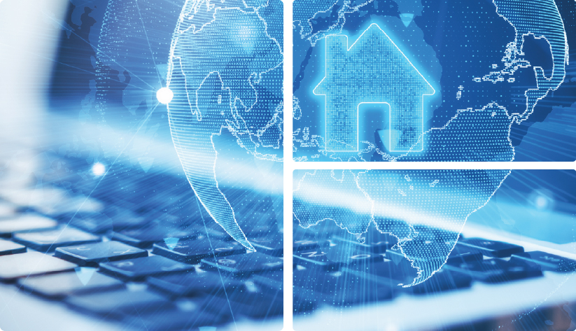 A three part digital collage in shades of blue The left panel shows a close up of a laptop keyboard with a glowing digital globe overlaid The top right panel features a glowing digital house icon over a world map The bottom right panel shows a different angle of the laptop keyboard and digital globe emphasizing global technology and remote work