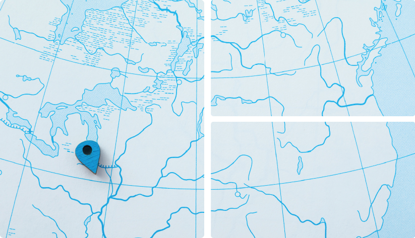 A three panel collage featuring a light blue stylized map with dark blue outlines of rivers and coastlines The large left panel shows a blue wooden map pin placed over a specific location The two right panels show close up details of the map s grid lines and geographical contours