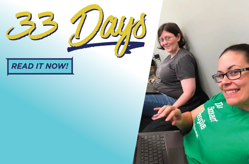 Blog post graphic featuring a photo of two smiling women sitting with their laptops Overlaid text on a light blue gradient background reads 33 Days with a READ IT NOW button on the left