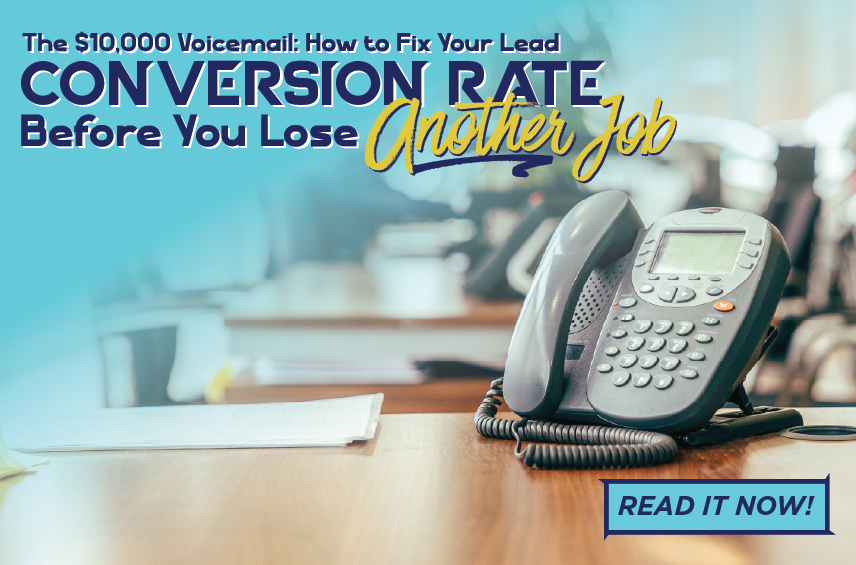 Blog post graphic featuring a business phone on a desk Overlaid text reads The 10 000 Voicemail How to Fix Your Lead Conversion Rate Before You Lose Another Job with a Read It Now button in the bottom right corner