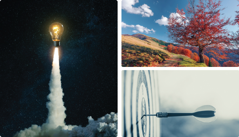 A three panel collage representing innovation and strategy The left panel shows a lightbulb launching like a rocket into a starry night sky The top right panel features a vibrant red autumn tree on a rolling hillside under a blue sky The bottom right panel shows a dart hitting the bullseye of a target