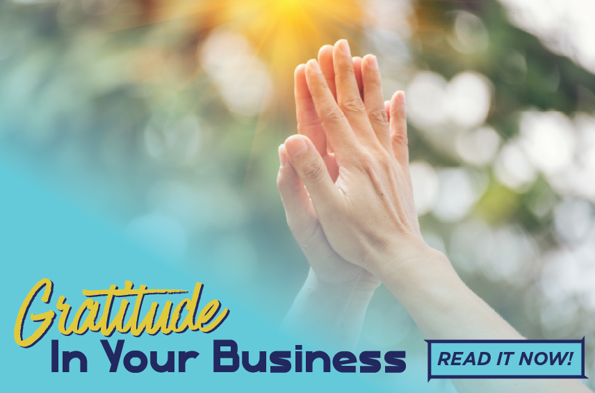 Blog post graphic featuring a pair of hands held together in a prayer or gratitude gesture against a bright sunlit natural background Overlaid text reads Gratitude In Your Business with a READ IT NOW button in the bottom right corner