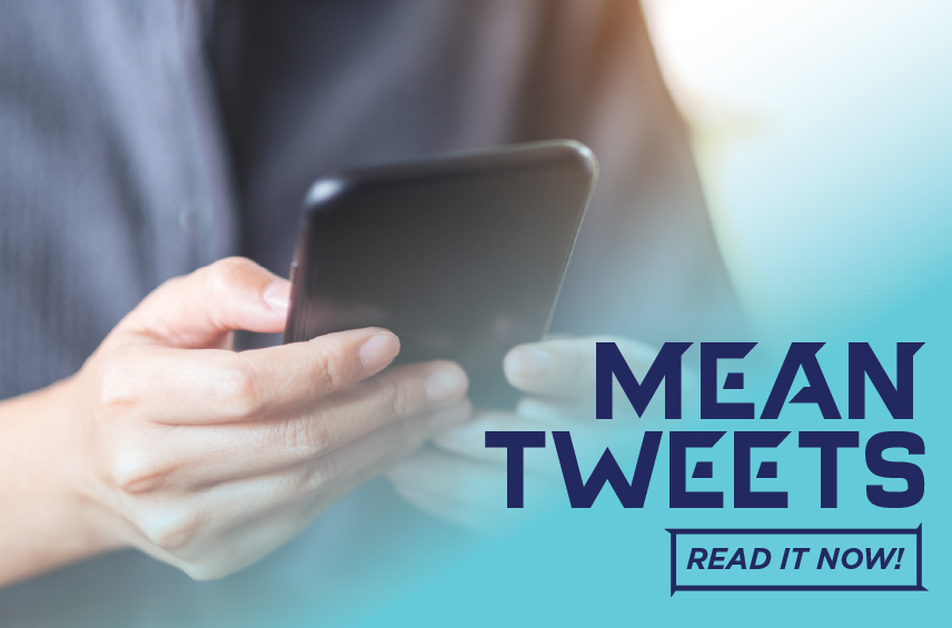 Blog post graphic featuring a close up of a person s hands typing on a smartphone Overlaid text reads MEAN TWEETS with a READ IT NOW button in the bottom right corner