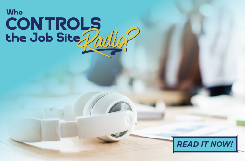Blog post graphic featuring a pair of white over ear headphones resting on a wooden desk in a bright blurred office setting Overlaid text on a teal gradient reads Who CONTROLS the Job Site Radio with a READ IT NOW button in the bottom right corner