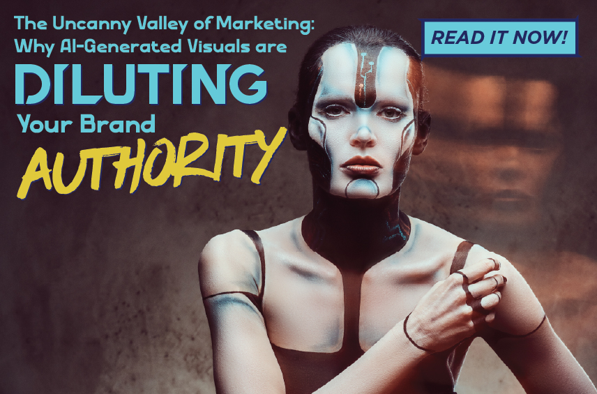 Blog post graphic featuring a person with futuristic cyborg like face and body paint Overlaid text reads The Uncanny Valley of Marketing Why AI Generated Visuals are DILUTING Your Brand AUTHORITY with a Read It Now button in the top right corner
