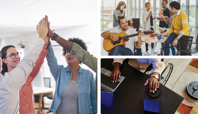 A three panel collage showcasing a vibrant office culture The large left panel shows a diverse group of colleagues giving a high five The top right panel features an employee playing an acoustic guitar while others chat in a bright breakroom The bottom right panel shows a close up of an employee in a wheelchair using a laptop and a smart speaker at their desk