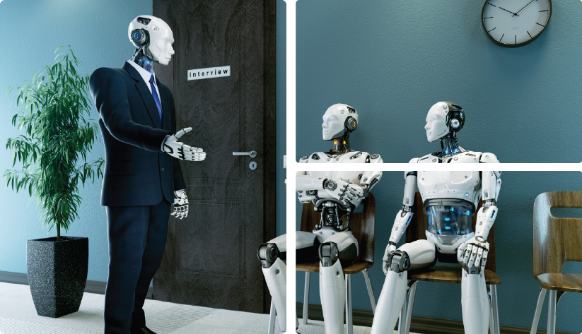A collage of three futuristic images featuring humanoid robots in a professional office setting. The left panel shows a robot in a business suit extending a hand for a handshake outside a door labeled 'Interview.' The right panels show robots sitting in a waiting room under an office clock, appearing to wait for an appointment.