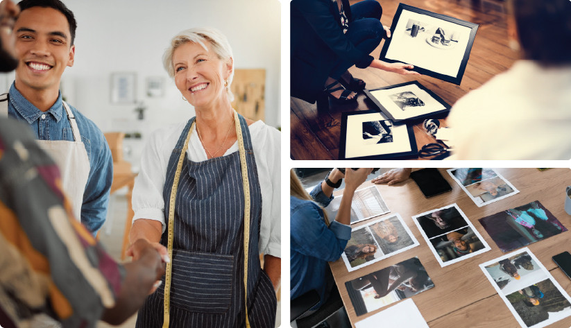 A collage of three photos showcasing professional creativity and connection. The left side shows a smiling woman in a striped apron shaking hands with a client. The top right shows hands holding a framed black-and-white photograph over a wooden floor. The bottom right shows a group of people reviewing several printed portraits spread across a light wooden table.