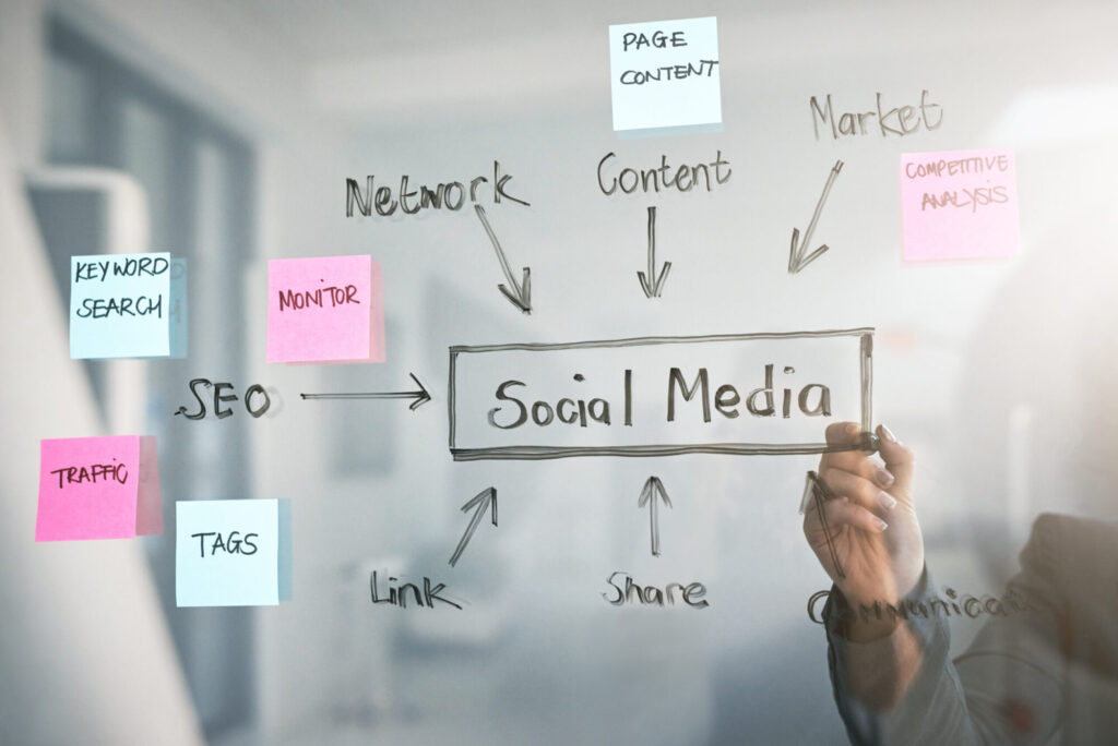 A person writing a social media strategy map on a glass whiteboard, surrounded by sticky notes and keywords like SEO, Content, and Network.