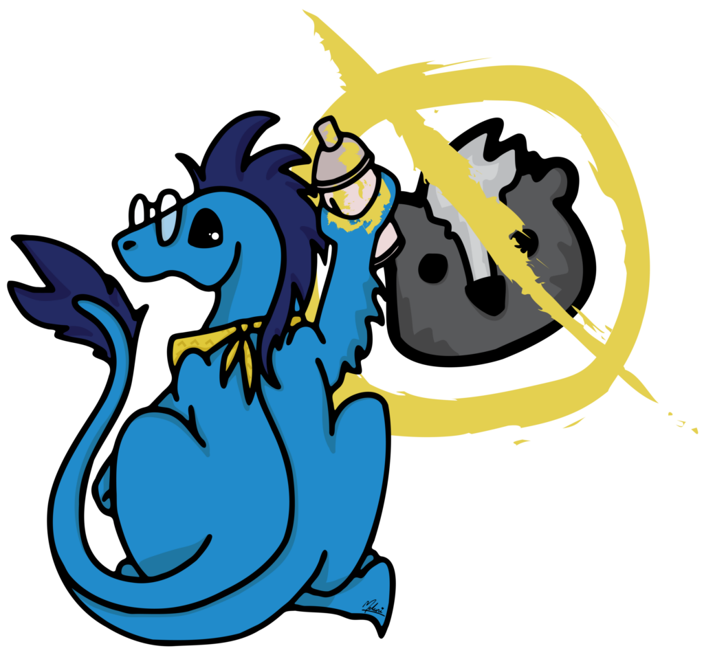Zip the Dino spray painting no skunking symbol